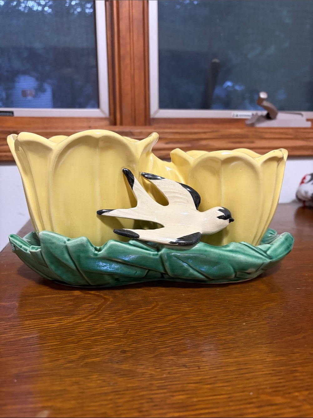 McCoy Yellow Tulip Ceramic Planter with Green Leaf Base and Bird